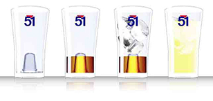 Verres à pastis, verres soufflés en pyrex, logo 51 sablé, 2007