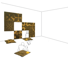 Sédent’air / 2008 / laine tricotée et structure gonflable / 12 tapis de 75 x 75 cm / réalisé avec l’aide de la société Bettina et de Stéphane Laliève