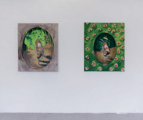 Bisous (détail - 2/4 tableaux) / 2008 / huile sur toile / série de 4 tableaux représentant un chien inscrit dans un format médaillon : 145 x 115 cm, 145 x 115 cm, 40 x 35 cm et 37 x 34 cm