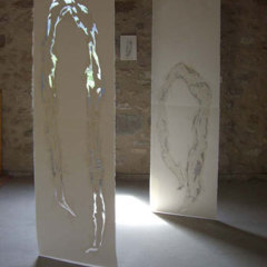 ARCHE 1 et 2, 2006 Mine graphite, enduit, crayons de couleur, découpe, couture, sur papier Arches satiné, 67 x 208 cm Vue de l'exposition les petits toits du monde, St Vincent sur Jabron (04), 2008