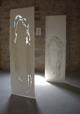 ARCHE 1 et 2, 2006 Mine graphite, enduit, crayons de couleur, découpe, couture, sur papier Arches satiné, 67 x 208 cm Vue de l'exposition les petits toits du monde, St Vincent sur Jabron (04), 2008