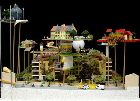 Résidence dégénérée, 2002 - Collection FRAC PACA Maquette, bois, verre, électricité, matériaux de maquettiste... 150 x 120 x 83 cm Vues de l'exposition Lotissement de cimaises organisée par le FRAC PACA, à la Villa Arson, Nice, 2005